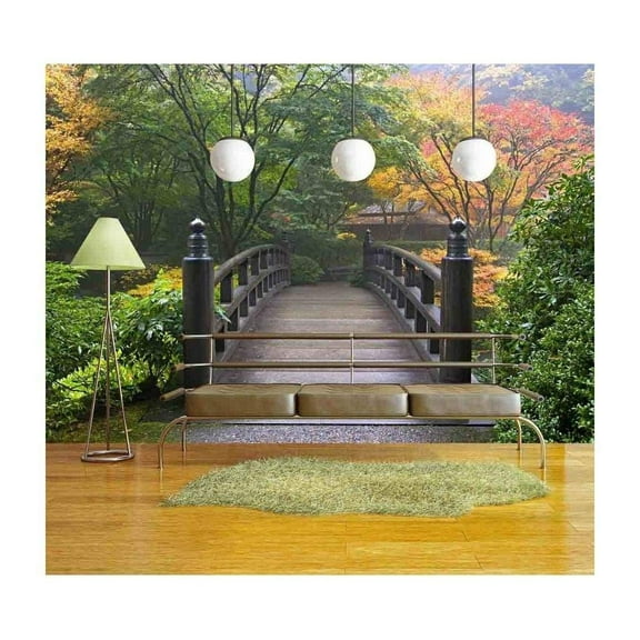 wall26 - Wooden Bridge at Portland Japanese Garden Oregon in Autumn - Removable Wall Mural | Self-Adhesive Large Wallpaper - 100x144 inches