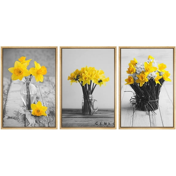wall26 - Yellow Flowers in Vases - Framed Canvas Art Wall Art - 24"x36"x3 Natural