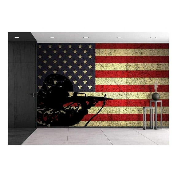 wall26 - a Silhouette of a Soldier on The Grunge American Flag - Removable Wall Mural | Self-Adhesive Large Wallpaper - 66x96 inches