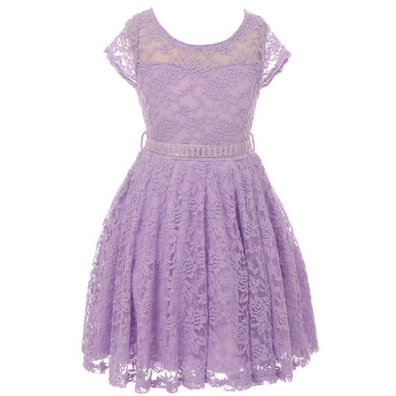 Little Girl Cap Sleeve Lace Skater Stone Belt Flower Girls Dresses (19JK88S) Lilac 6