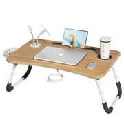 Foldable Laptop Desk for Bed, Bed Tray Table with 4 USB Ports, Cup Holder and Draw, Bed Standing Table for Working Reading Writing, Eating for Bed Sofa Couch Floor, with Mini Lamp & Fan