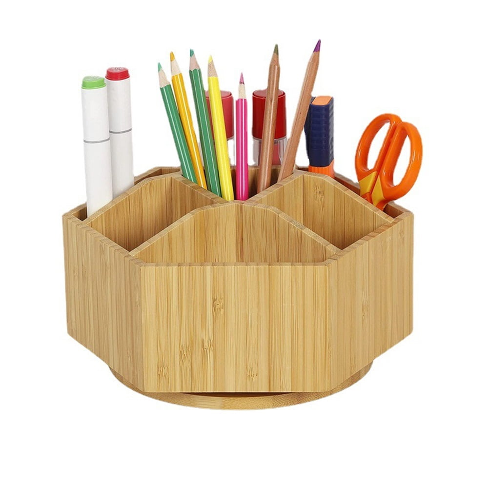walowalo Bamboo Rotating Art Supply Organizer Holds Pencils Spinning Crayon Marker Organzier Holder Christmas Gift Desk Brush Storage for Office Classroom Organization Stationary
