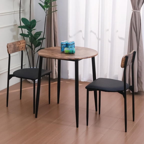 walsport Round Dining Table Set for 2, Wood Tabletop with Strong Metal Frame, Modern Dinette with Chairs for Kitchen,Brown