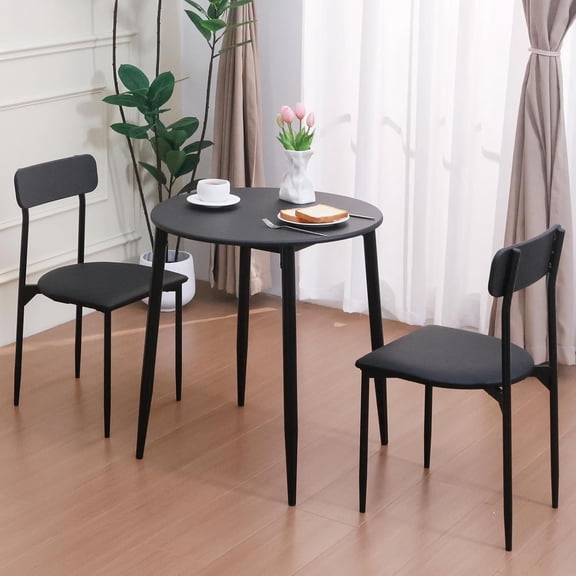 walsport Round Dining Table Set for 2, Wood Tabletop with Strong Metal Frame, Modern Dinette with Chairs for Kitchen,White (Black)