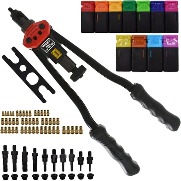 waltyotur 17 Inch Rivet Nut Tool, Rivet Nut Thread Setting Tool, Threaded Insert Manual Nutsert Tool Kit, with 11Pc Metric and Inch Mandrels and 110 Piece Rivet Nuts with Rugged Carrying Case