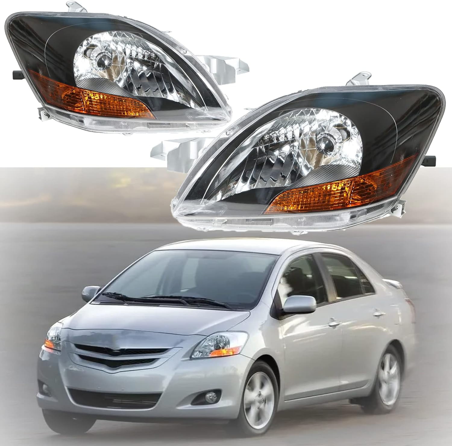 waltyotur 2 Pcs Headlights For 2007-2012 Toyota Yaris Sedan Amber Turn ...