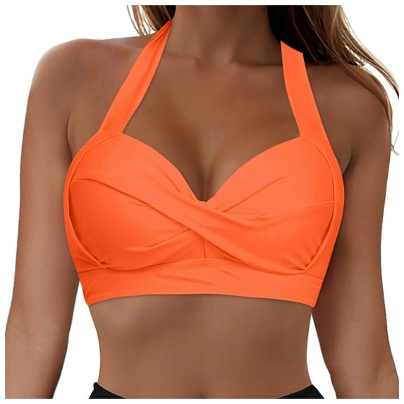 wamacs Women's Supportive Halter Bikini Padded Full Coverage Bikini Top Push Up Bust Hook Back Tops Only Stylish Swimwear (Orange,M)