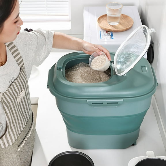 Infidev Ornament Storage Cereal Rice Food Storage Containers, Collapsible Dispenser Bin with Rolling Wheel Airtight Locking Lid, Dog Pet Flour Plastic Leakproof Kitchen Pantry Hold Green
