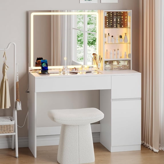 wanan 41" Vanity Desk with Power Outlet, Makeup Vanity with Mirror and Lights, 3 Lighting Modes, White Vanity Table with Glass Top, LED Glass Cabinet and Jewelry Storage