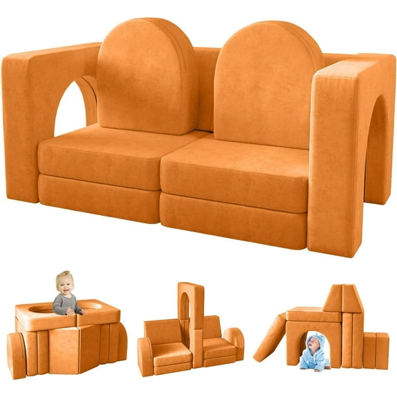 wanan Kids Couch 10PCS, Modular Kids Play Couch for Playroom Bedroom, 10 in 1 Multifunctional Kid Sofa for Playing, Creativing, Sleeping, Indoor Toddler Couches for Boys and Girls (Light Brown)