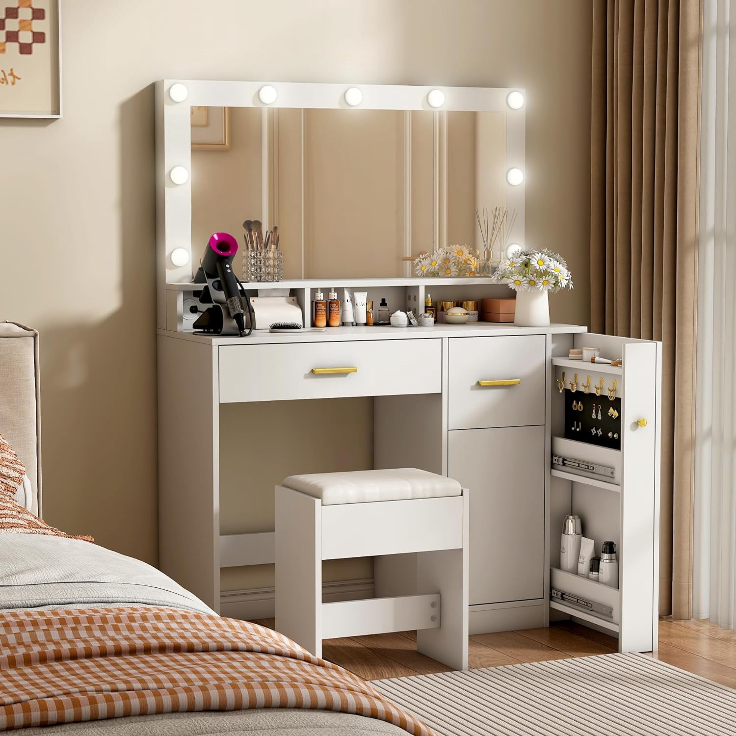 Wanan Makeup Vanity Desk With Mirror & Lights - 5 Drawers, 4 Cabinets, Jewelry Storage, 45.3 Inch - View #4