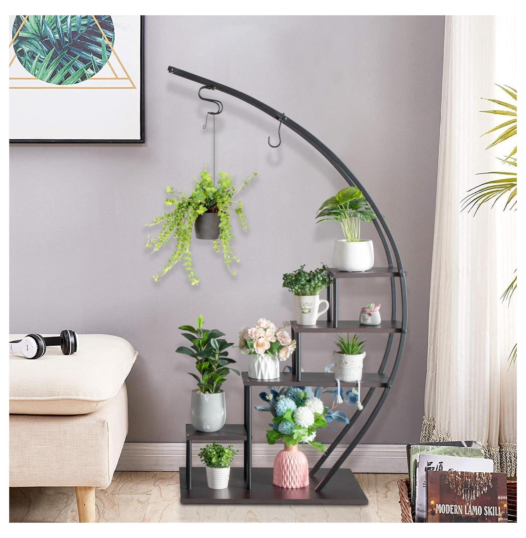 wangc123 5 Tier Tall Metal Indoor Plant Stand with Hanging Loop Plant