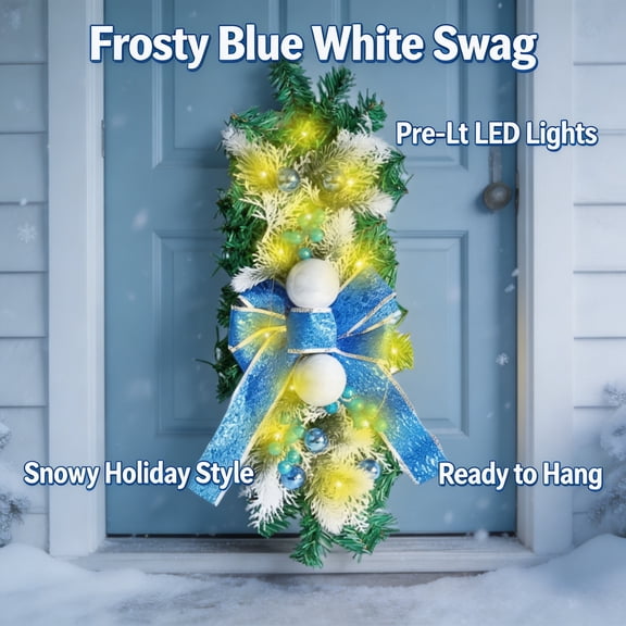 wangqi Pre-lit Christmas Swag Teardrop Garland Artificial Pine Vertical Wreath with LED Lights Decor 18" 1Pc Blue Bow & Blue Berries