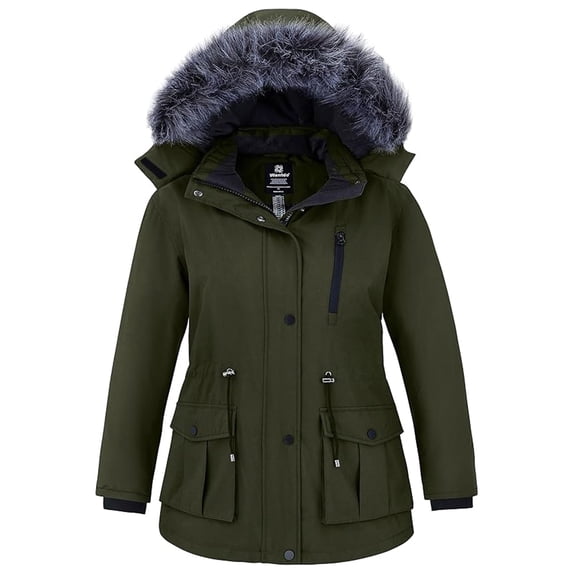 wantdo Plus Size Winter Parka Windproof Puffer Coat with Faux Fur Lined Hood Army Green 5X