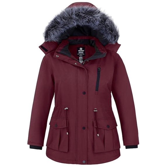 wantdo Women's Plus Size Puffer Coat Windproof Winter Coat Thickened Parka Wine Red 4X