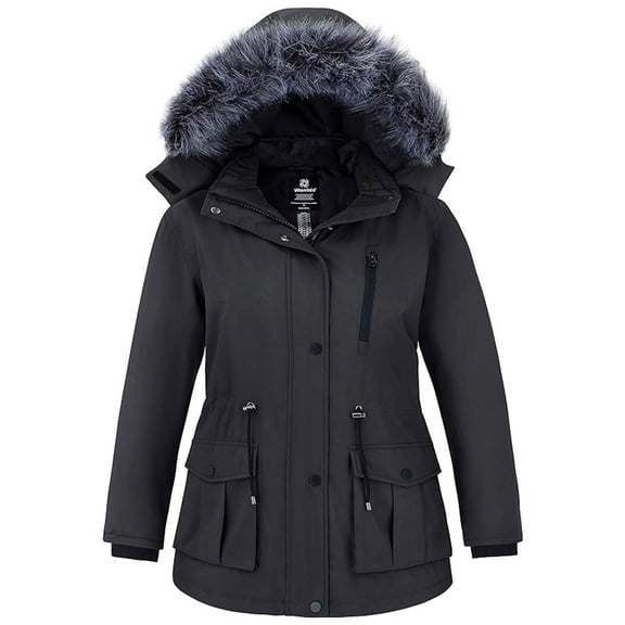 wantdo Women's Plus Size Puffer Jacket Warm Winter Coat with Faux-fur Hood Mid Length Warm Plus Winter Coat Black 3X