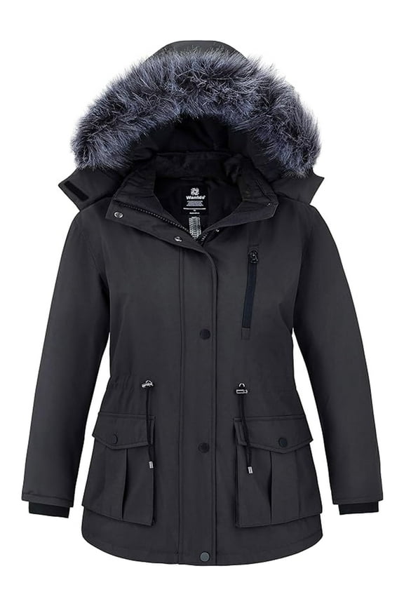 Women's Plus Size Puffer Jacket Warm Winter Coat with Faux-fur Hood Mid Length Warm Plus Winter Coat Black 3X