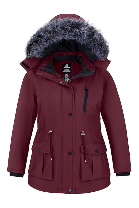 Women's Plus Size Puffer Jacket Windproof Winter Coat with Removable Hood Wine Red 5X