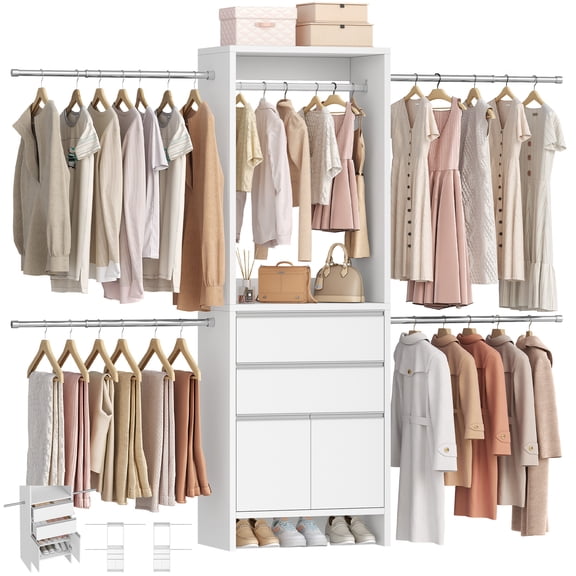 Wardrobe System, WalkIn Closet Storage Organizer with 4 Telescopic Hanging Rods, 2 Drawers & Shoe Cabinet, Customizable for 49.8 Ft Spaces, Wooden Clothing Storage Rack