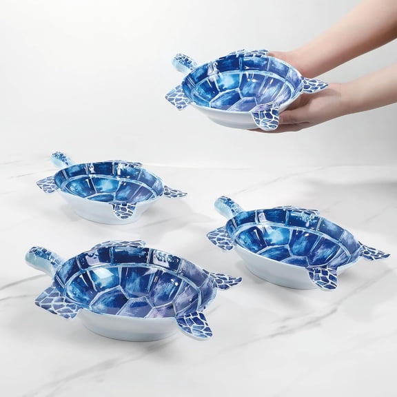 ware Indigo Sea Turtle Shaped Melamine Bowls - Ocean Theme, BPA-Free, Dishwasher Safe, for Pasta, Salad, Snacks, and Fruit, Blue, 10 x 7.75 Inch, Set of 4