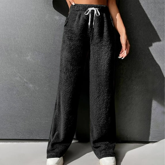 warehouse clearance christmas Womens Fleece Pants High Waist Fuzzy Lounge Pants Comfy Winter Warm Pajama Pants Thermal lightweight Straight Leg Pants with Pockets