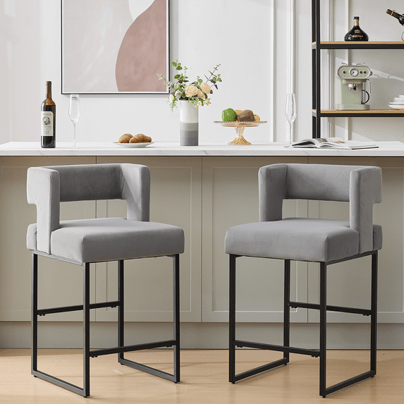 warfulie Bar Stools Set of 2, Modern Counter Height, 26 Inch Kitchen Bar stools with Metal Base, Velvet Fabric Seats for Kitchen Island, Gray