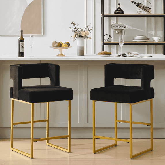 Warfulie Bar Stools Set of 2, 26-inch Modern Counter-Square Kitchen Barstools with Metal Base, Velvet Seats, for Kitchen Island, Dining, Black