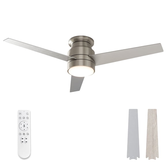 Warmiplanet 52" 3-Blade Nickel Flush Mount Ceiling Fan with LED Light & Remote, Dual-Color Wooden Blades, DC Motor, 6 Speeds, 3-Color Light, Reversible, Timer