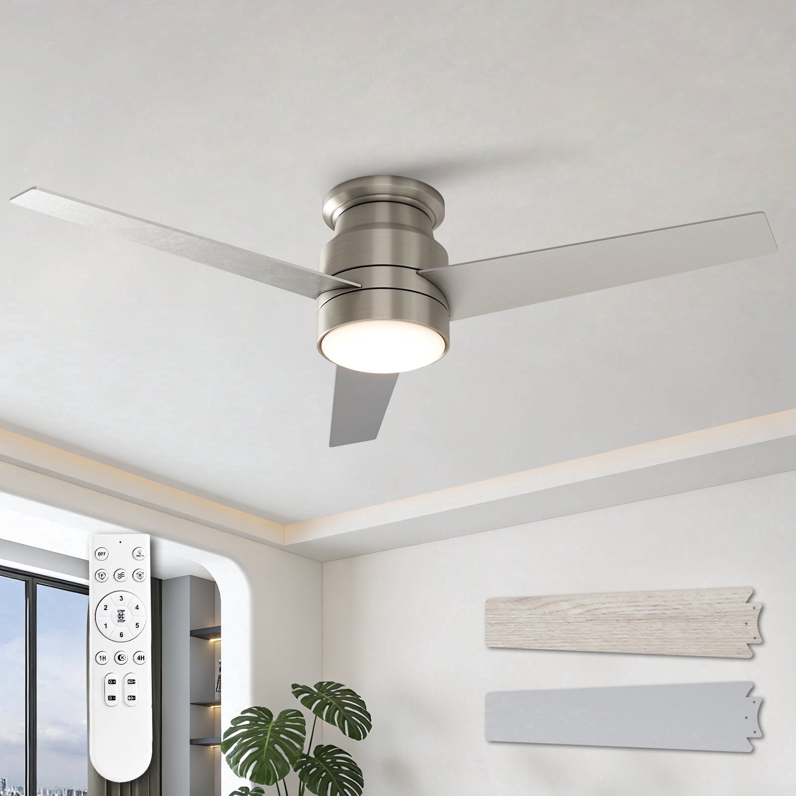 Warmiplanet 52" 3-Blade Nickel Flush Mount Ceiling Fan with LED Light & Remote, Dual-Color Wooden Blades, DC Motor, 6 Speeds, 3-Color Light, Reversible, Timer