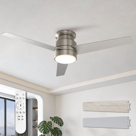 Warmiplanet 52" 3-Blade Nickel Flush Mount Ceiling Fan with LED Light & Remote, Dual-Color Wooden Blades, DC Motor, 6 Speeds, 3-Color Light, Reversible, Timer