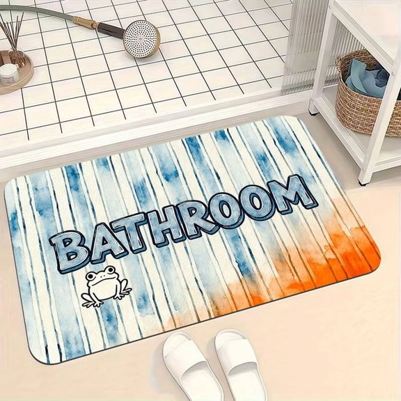 This watercolor striped frog-themed floor mat is highly absorbent, made of diatomaceous earth, and machine washable. Suitable for entryways, kitchens, bathrooms, living rooms, bedrooms, and studies.