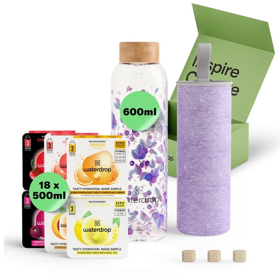 waterdrop Glass Starter Set  600ml Borosilicate Glass Bottle + 18 Sugar-Free Microdrink Hydration Cubes in 6 Flavours, Vitamin C & B Infused, BPA Free Water Bottle, Gift Set