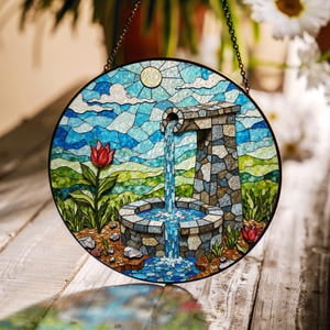 waterfall stone well scene stained glass suncatcher round window hanging gift for mom, 3.5 in