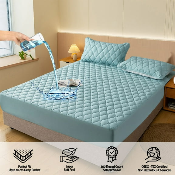 waterproof sheet Mattress Cover Waterproof Fitted Bed Sheet Non-Slip Mattress Cover Breathable Soft Fiber Full Encase Protector 35x79 Inches for Home Care Light Blue
