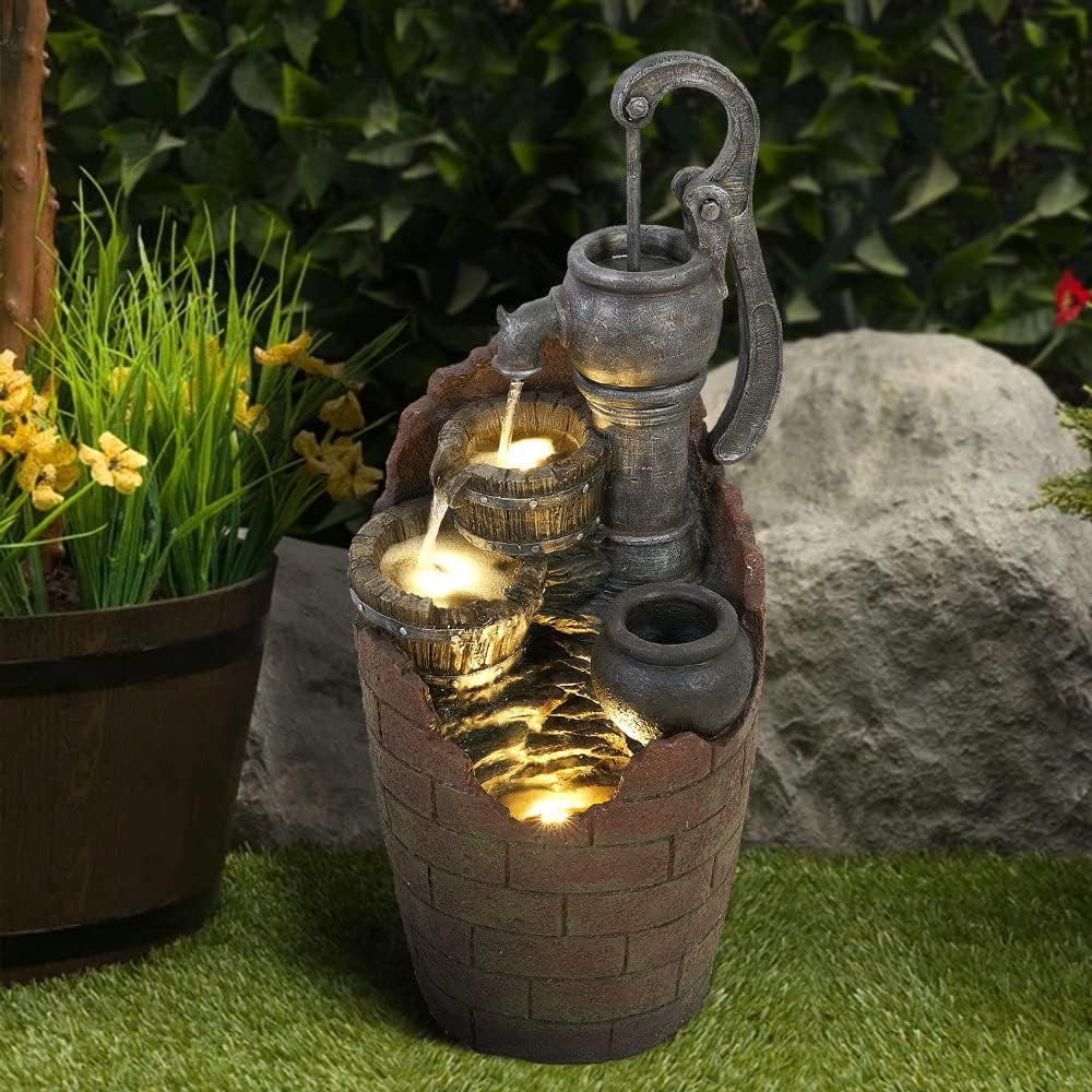 watnature 32.6” Tall Barrel Fountain with Adjustable Pump - 4-Tier Cascading Water Fountain Outdoor with LED Light&Charming Water Feature, Rustic Style Garden Waterfall Fountain for Indoor, Outdoor