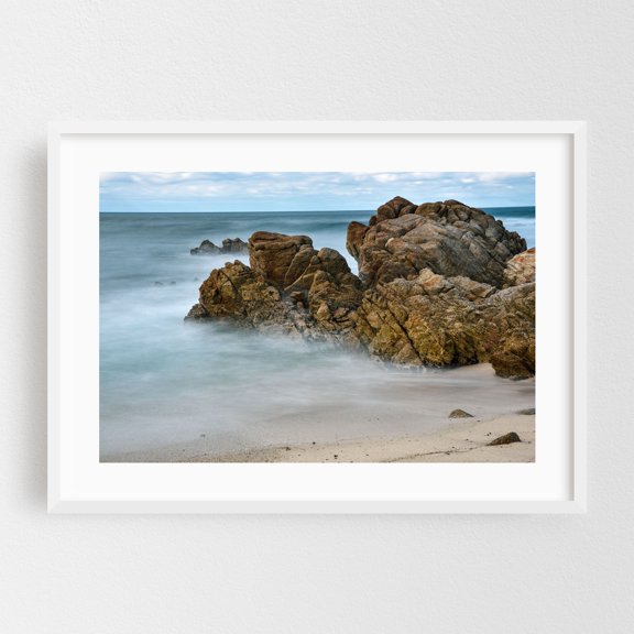 waves along rocks long exposure - Pacific Grove California Photography Seascape Ocean Coast Beach Waves Nature Scenic White Framed Wall Art Print 5 x 7 inches