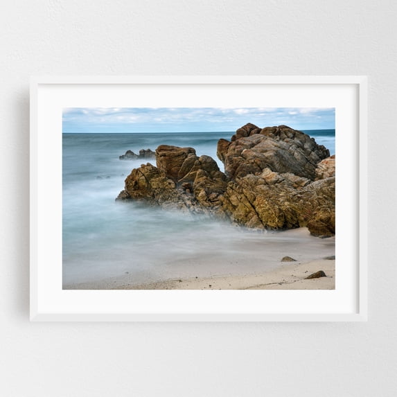 waves along rocks long exposure - Pacific Grove California Photography Seascape Ocean Coast Beach Waves Nature Scenic White Framed Wall Art Print 5 x 7 inches