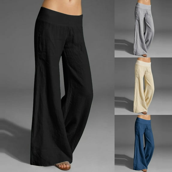 wavsuf Womens Wide Leg Pants High Rise Solid Cotton Linen Straight Leg with Pockets Blue Juniors Length Pant Size S