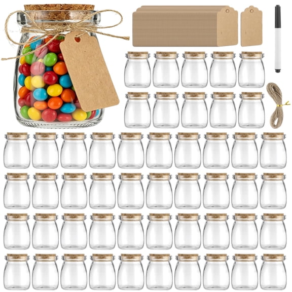 50 Pcs Glass Favor Jars, 3.4 oz Small Clear Bottles with Cork Lids, Mini Candy Containers & Pudding Jars, Including Tags, Twine & Pen, Ideal for Wedding Favors, DIY Craft Projects