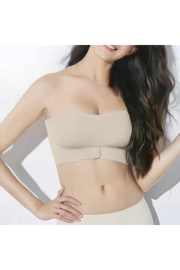 Beige Bandeau Strapless Bra For Women Wire Bras Front Buckle Padded Bra With Straps