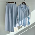thumbnail image 1 of wcjm Blue Women's Casual Solid Retro Plus Size Cotton Button Shirt High Waist Loose Pocket Long Pant Suit, 1 of 5