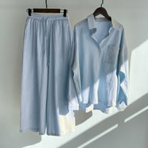 wcjm Blue Women's Casual Solid Retro Plus Size Cotton Button Shirt High Waist Loose Pocket Long Pant Suit