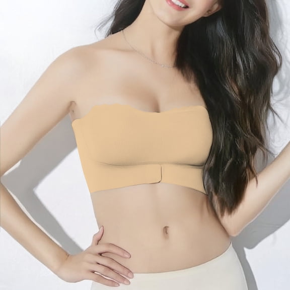 wcjm Khaki Bandeau Strapless Bra For Women Wire Bras Front Buckle Padded Bra With Straps