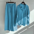 thumbnail image 1 of wcjm Sky Blue Women's Casual Solid Retro Plus Size Cotton Button Shirt High Waist Loose Pocket Long Pant Suit, 1 of 6
