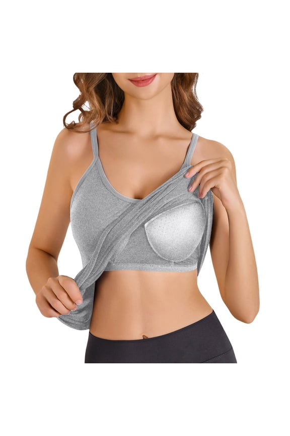 Women's Camisole Built In Bra Tank Top Plus Size Flowy Adjustable Spaghetti Strap Grey S