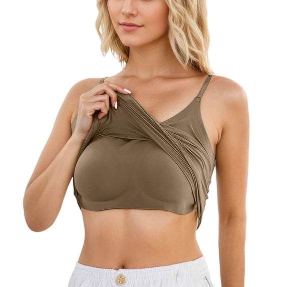 wddddd Women's Shelf Bra Camisole Adjustable Spaghetti Strap Tank Top Basic Layer Khaki M