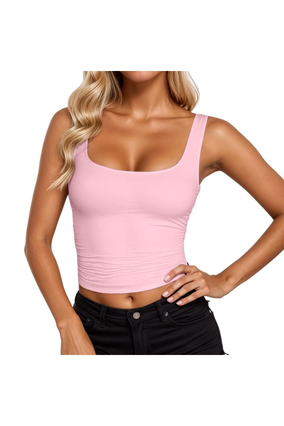 Women's Sleeveless Strappy Tank Square Neck Double Layer Workout Crop Top Red M