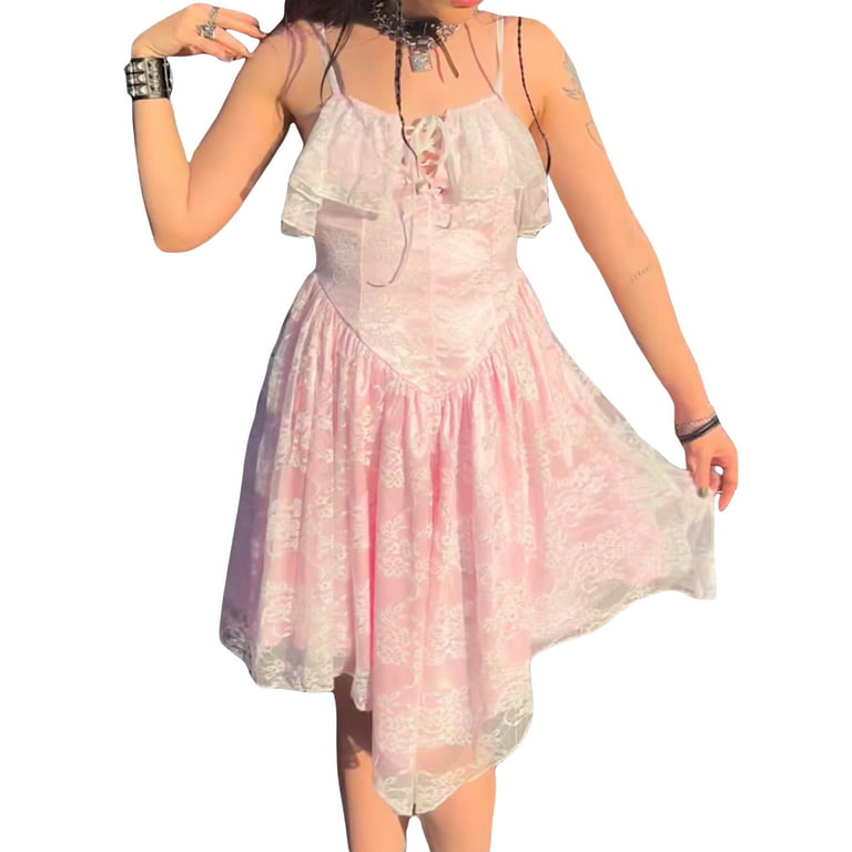AltGoth Fairycore Y2k Pink Dress Women Sexy E-girl Lace Patchwork