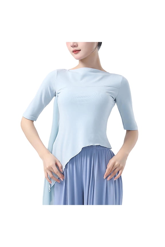 3/4 Sleeve Shirts for Women Boat Neck Chinese Traditional Slit Mesh Classical Dance Top Ballroom Dress Fall Fashion Clothes