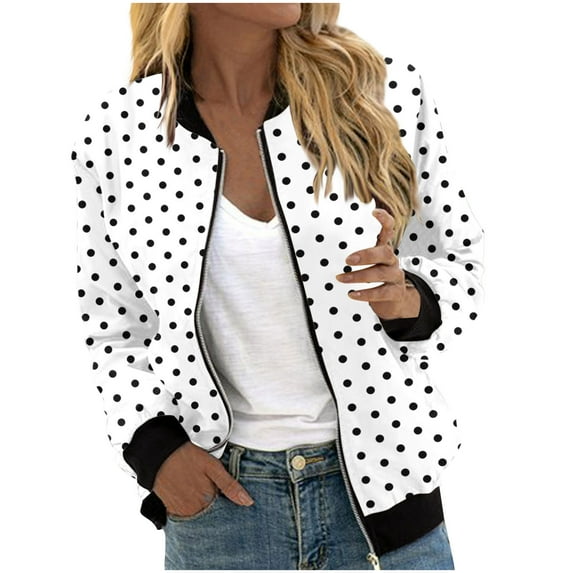 wdsxpo Bomber Jacket Women Long Sleeve Zip Up Polka Dot Outerwear Lightweight Loose Casual Fall Street Style Coats with Pockets